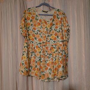 BloomChic Yellow Orange Floral V-Neck Peplum Tunic